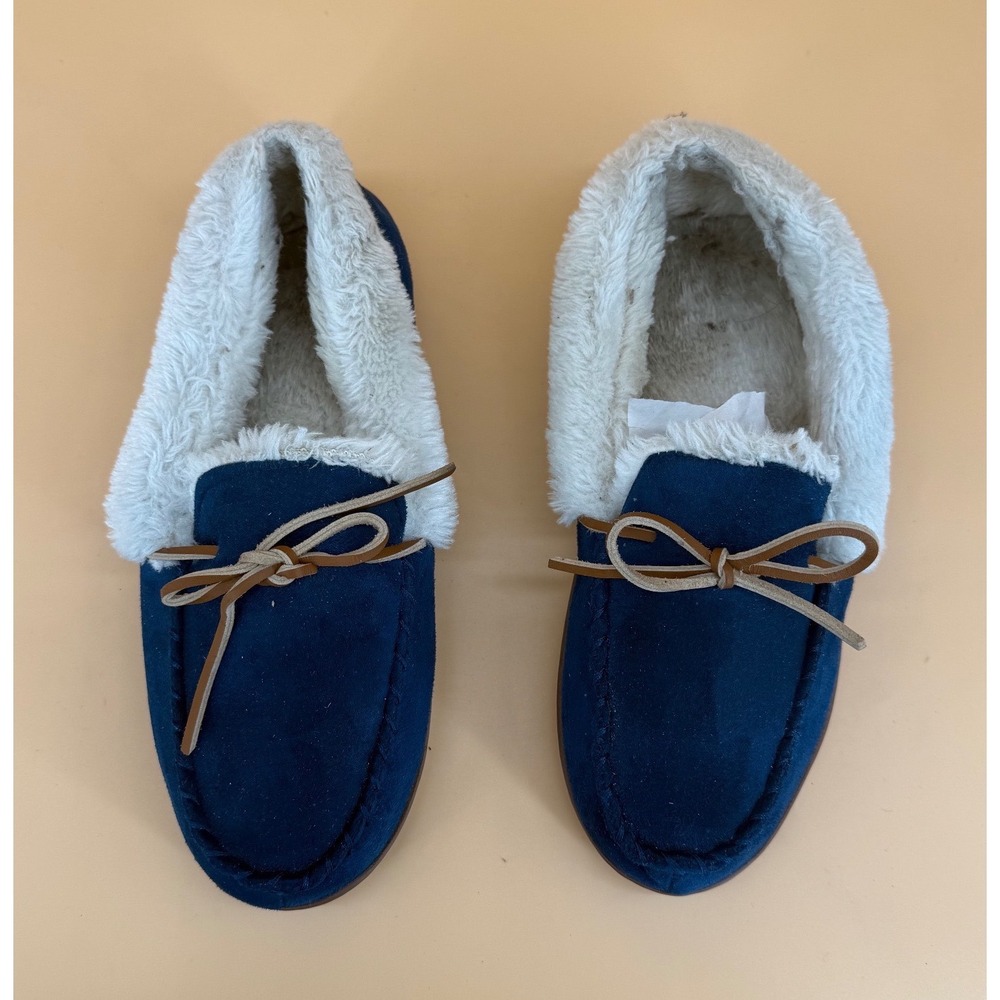 Sonoma Moccasin Slippers Women XL 9-10 Blue Good Faux Fur Lined Bow Slip On